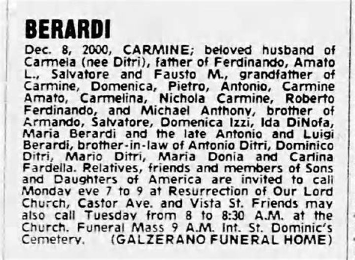 Who Was Carmine Berardi? Death Cause And Obituary -Everything To Know